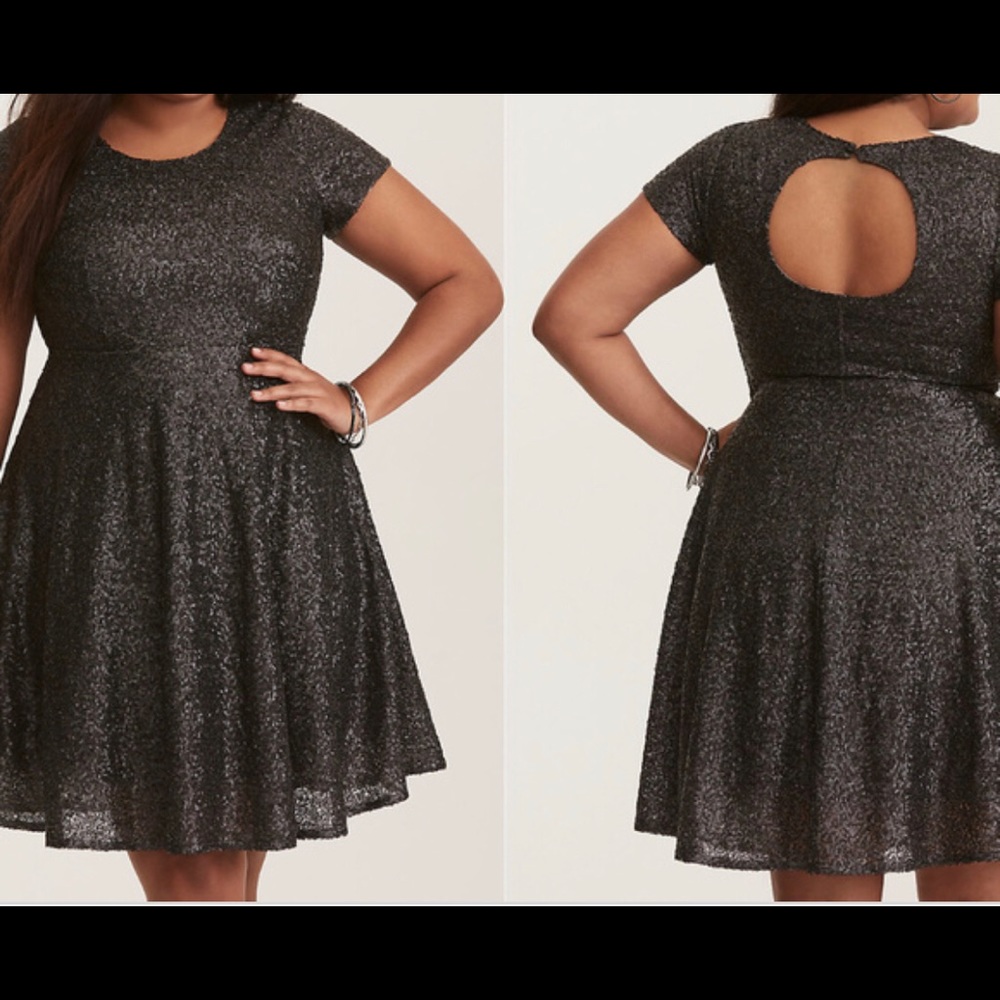 Black Sequin Cutout Back Skater Dress from Torrid